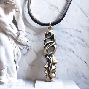 Two Face Pendant Janus Roman God, January New Year, Black Leather Necklace